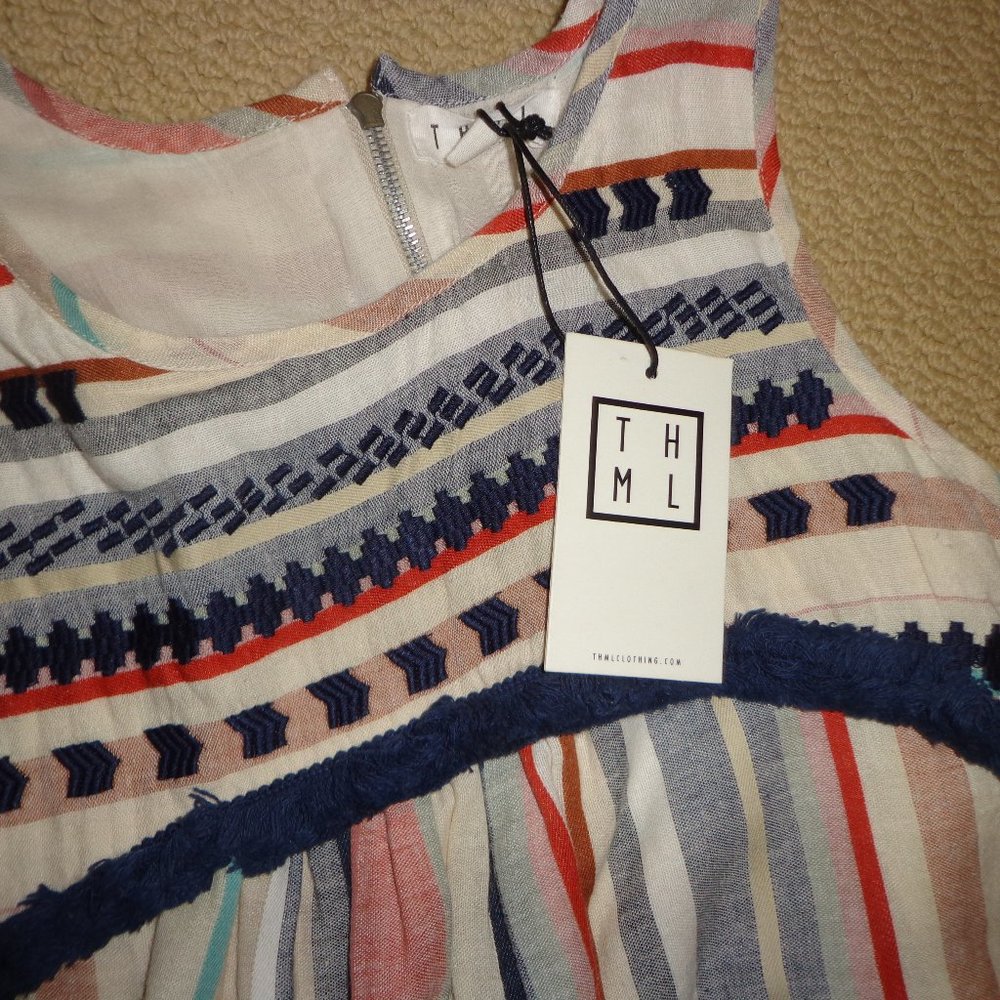 NWT THML Heritage Sleeveless Shift Dress S Zip Closure Lined Stripes Fringe